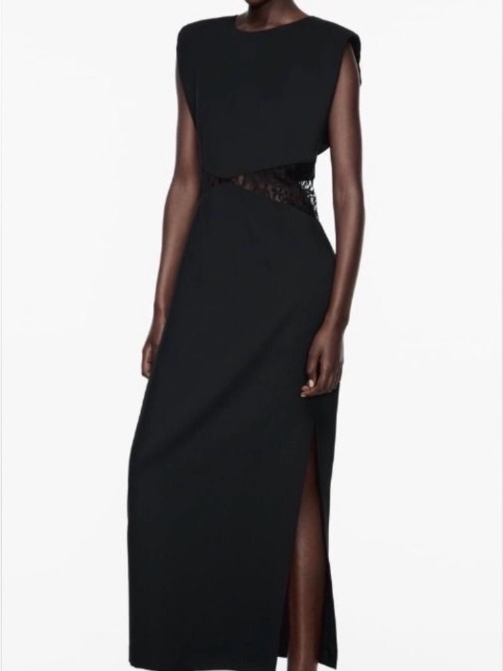 Zara Black Midi Dress with Lace Waist and Side Slit